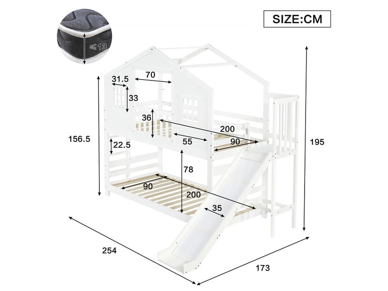 Lit superposé enfant 90x200 cm - avec toboggan et échelle - avec toit et fenêtres - bois massif + mdf - blanc (sans matelas) - Conforama C