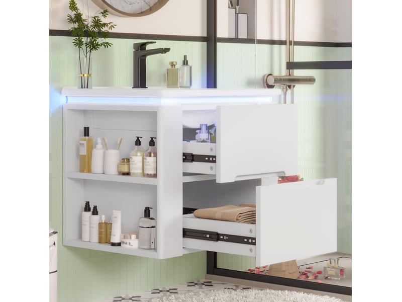  Meuble de salle de bain suspendu 61x46x50cm avec led, vasque, armoire de rangement, style moderne et simple, mdf blanc  - Conforama E