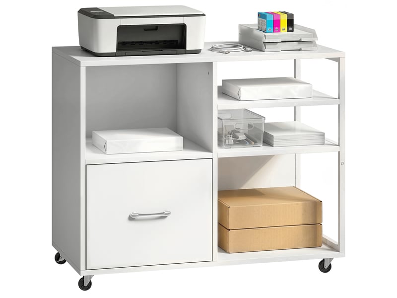  Meuble pour imprimante à roulettes, table d'imprimante avec étagères ouvertes et tiroir à documents, format a4, blanc  - Conforama A