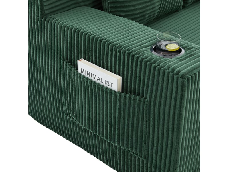  Canapé convertible 2 places 151x133x64 cm vert émeraude en velours côtelé, porte-gobelet et poches latérales  - Conforama D