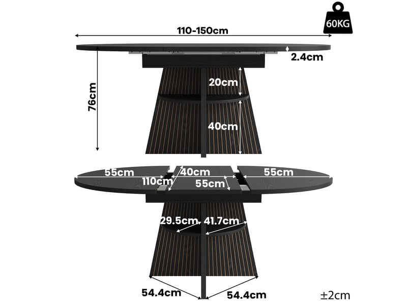  Noir table à manger extensible avec rangement, design moderne, structure fonctionnelle pour cuisine et salle à manger  - Conforama B