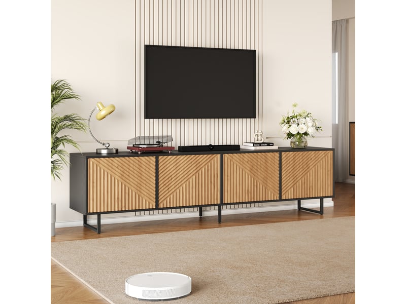  Meuble tv 180x40x50 cm en panneaux de particules avec 4 portes noir et bois naturel chicfurn  - Conforama D