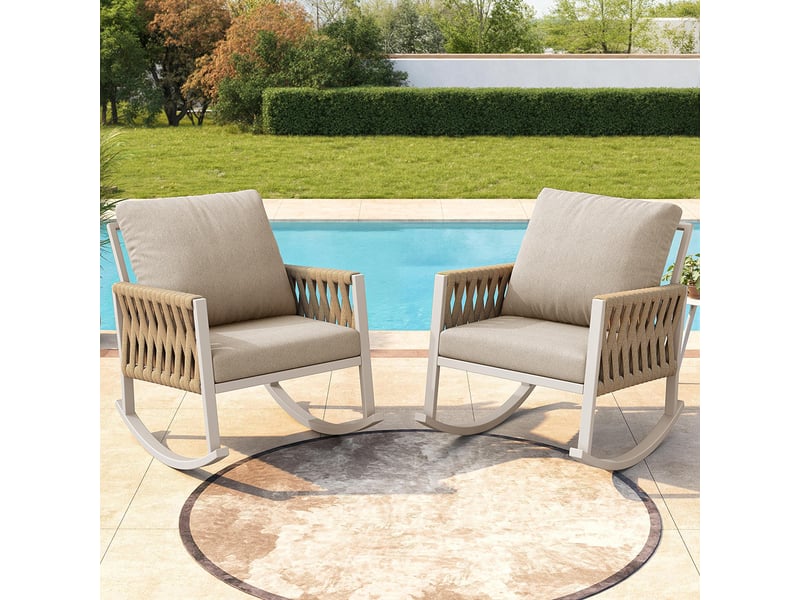 Fauteuil à bascule extérieur 1 ensemble tissage croisé structure métal anti-intempéries coussins confortables max 120 kg jardin terrasse beige - Conforama B