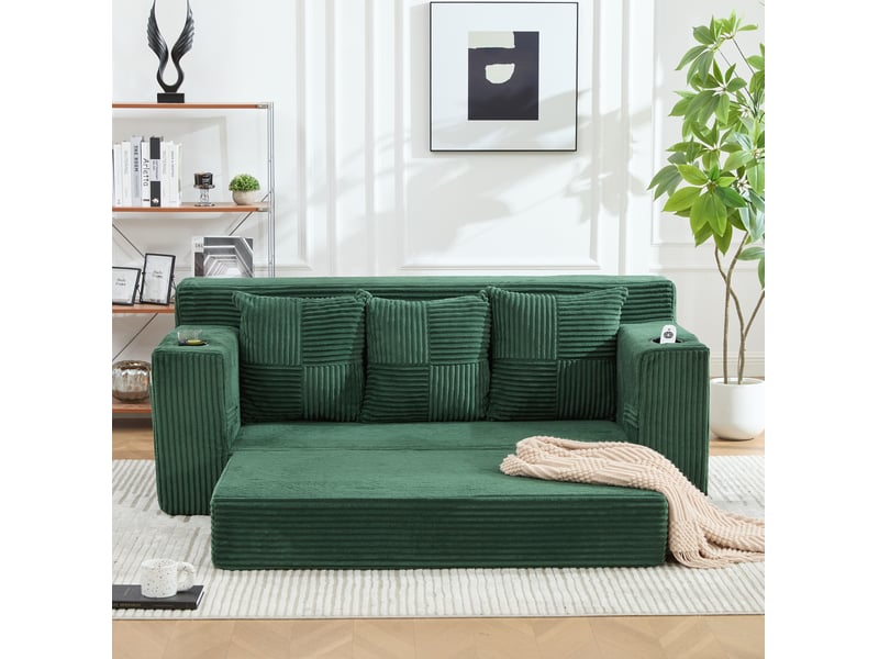  Canapé convertible 3 places 172 x 87 cm – vert émeraude – porte-gobelets, poches et assise extensible  - Conforama B