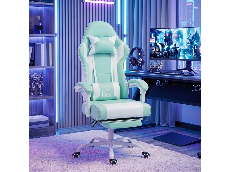 Chaise gaming avec massage lombaire, dossier inclinable 155° et repose-pieds rétractable bleu - Conforama C