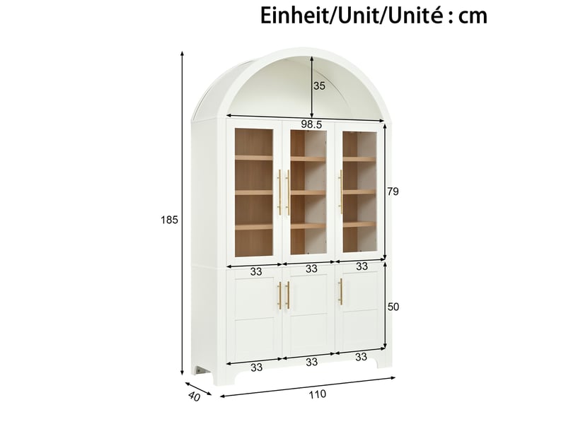  Buffet haut de rangement 110x40x185 cm, niche ouverte en arche, 3 portes vitrées, panneau de particules et mdf, blanc  - Conforama C