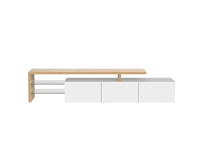  Meuble tv blanc brillant effet bois, étagères en verre, éclairage led, rangement pratique  - Conforama A
