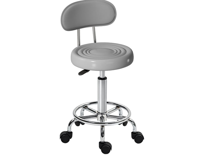  Tabouret roulant pivotant réglable avec dossier, revêtement en cuir synthétique, repose-pieds, pour table de maquillage, gris  - Conforama A