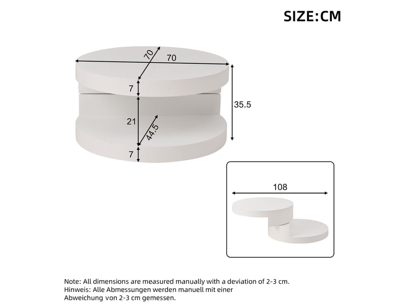  Table basse ronde à plateau pivotant 360 avec led et 2 niveaux de rangement pour salon, 70 × 70 × 35,5 cm  - Conforama D