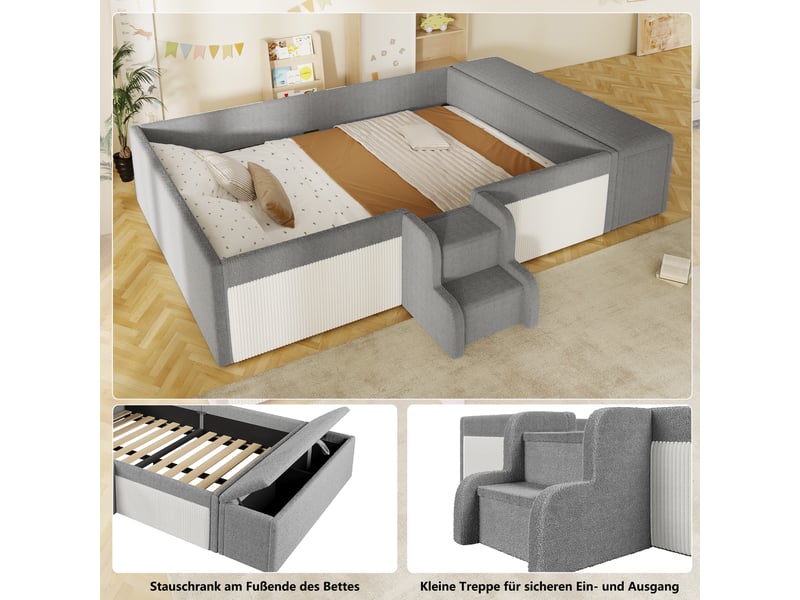 Lit enfant 140 x 190 cm, banc coffre mobile, escalier 2 marches, contours rembourrés, sommier à lattes inclus, revêtement bouclé, gris et blanc Luxe haut de gamme - Conforama R