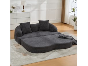 Canapé convertible 2 places en tissu gris foncé, 2 coussins, dépliable pour salon et chambre d'amis