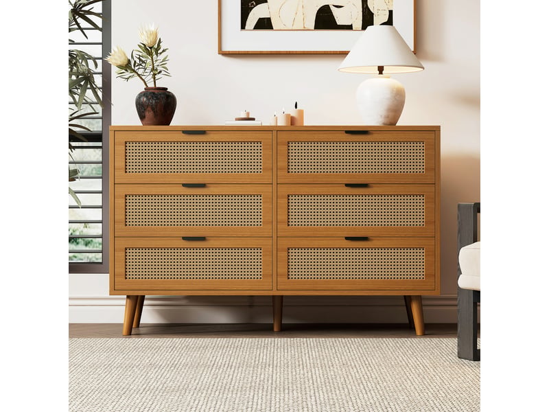 Buffet 6 tiroirs 120x40x76,5 cm meuble de rangement en panneau de particules couleur noyer avec poignées métalliques - Conforama B
