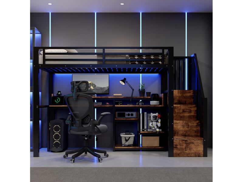  Lit mezzanine 90x200 cm avec rangements et led en mdf et métal noir  - Conforama D