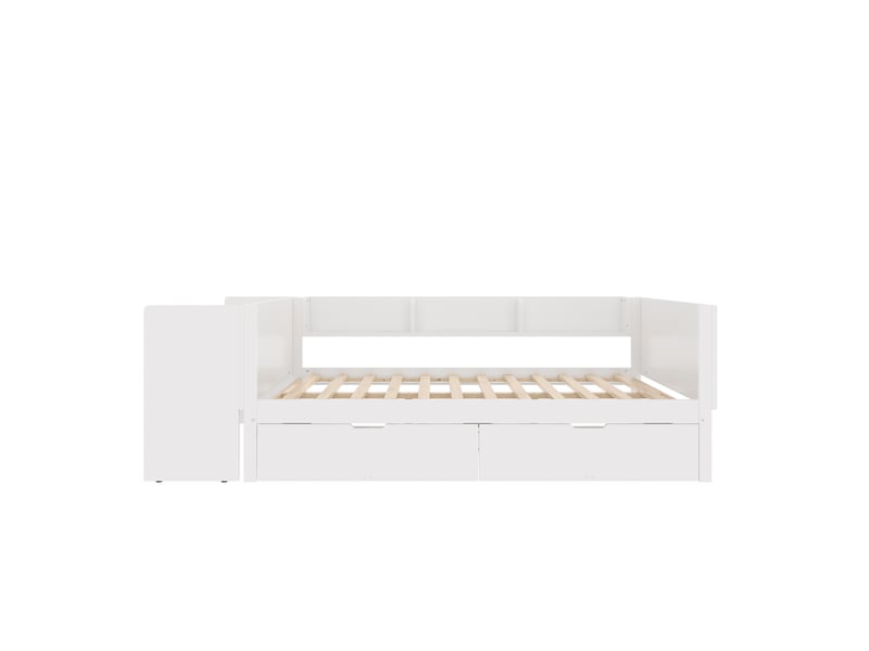  Lit enfant blanc 140x200 cm en bois, bureau, 2 tiroirs et étagères intégrés  - Conforama A