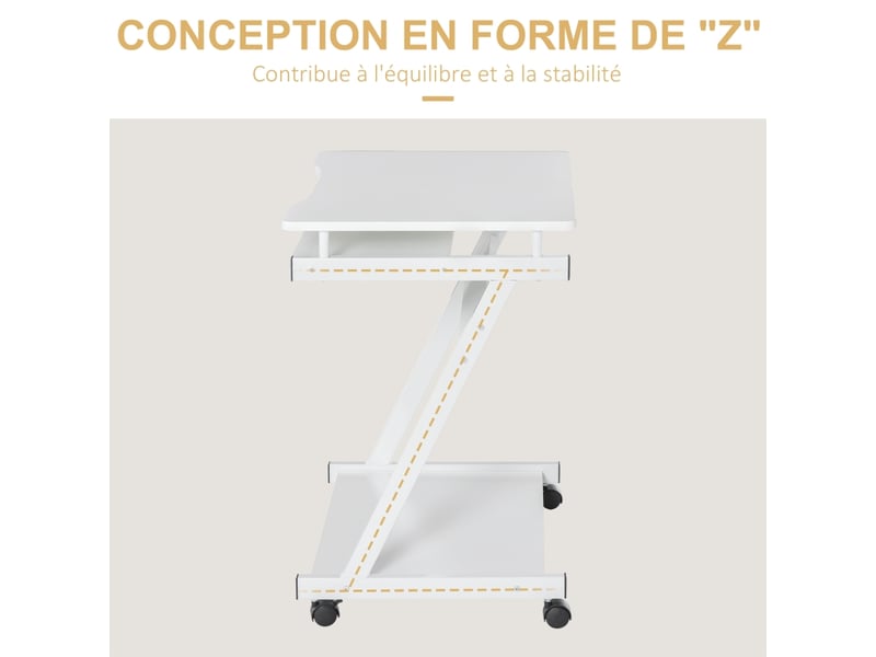  Bureau informatique roulant - bureau mobile - table d'ordinateur - tablette coulissante clavier + étagère - blanc  - Conforama D