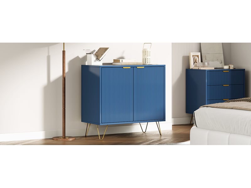  Commode 3 tiroirs à lignes verticales - 60 x 40 x 70 cm-bleu foncé - meuble de rangement moderne avec pieds en épingle dorés  - Conforama D