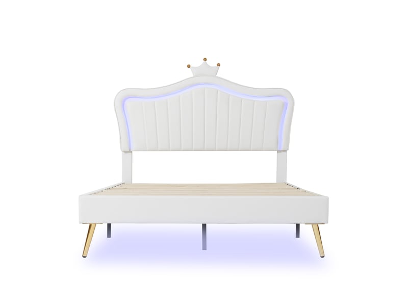 Lit enfant 140x200 cm blanc en similicuir pu, tête de lit couronne, led et sommier à lattes - Conforama A