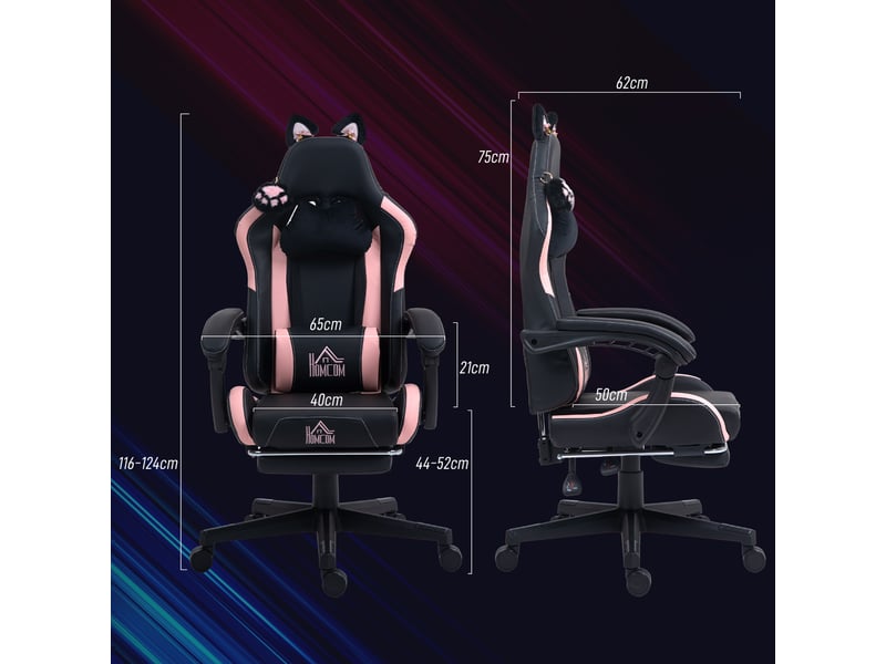  Fauteuil de jeu inclinable avec repose-pieds et coussins, similicuir et mousse, 65 x 62 x 116-124 cm, rose et noir  - Conforama E