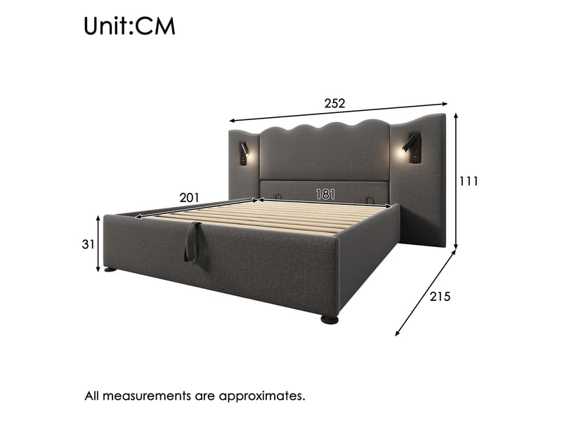  Lit coffre 2 places 180x 200 cm, bois et métal gris sans matelas, doté de lampe de lecture orientable et ports usb-c  - Conforama C