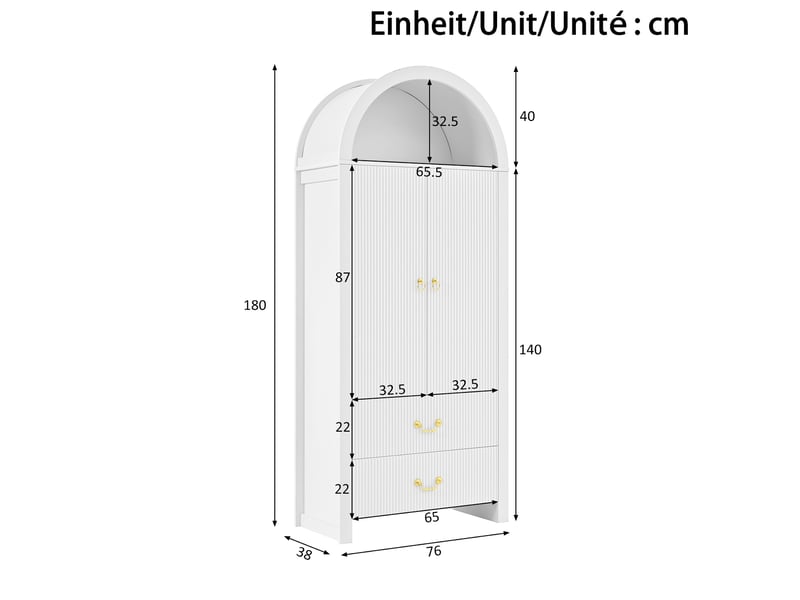  Armoire haute blanche avec niche arquée et éclairage led réglable par application, deux portes et deux tiroirs, façade à rainures verticales  - Conforama C