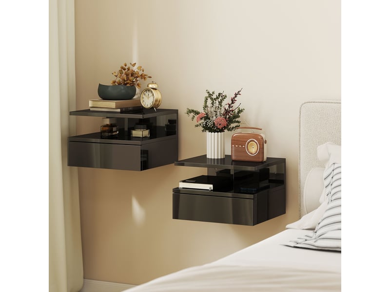  2 tables de chevet suspendues avec 1 tiroir et une étagère ouverte, design moderne, 35 x 32 x 22,5 cm, noir brillant  - Conforama D