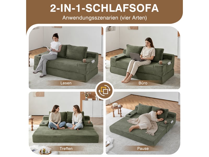  Canapé convertible 2-en-1 en velours côtelé 2 places, 2 coussins inclus, porte-gobelets, rangements latéraux  - Conforama D