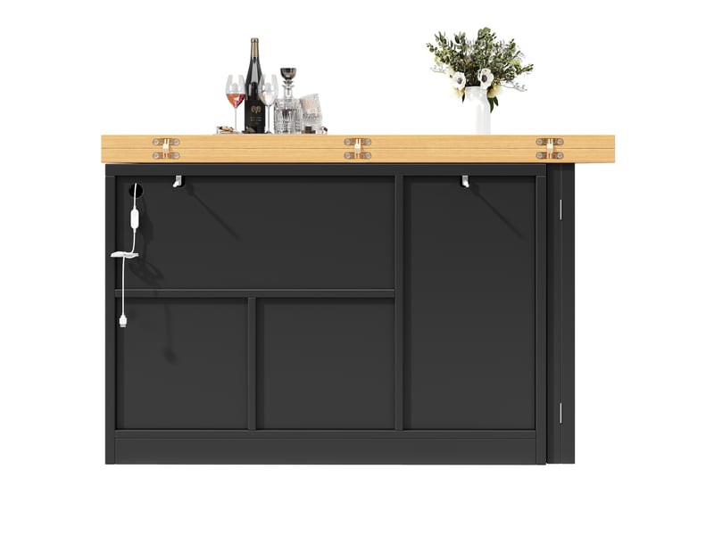 Îlot de cuisine extensible 120-197 x 40 x 72 cm, portes coulissantes vitrées et éclairage led rgb, noir, en mdf robuste  - Conforama E