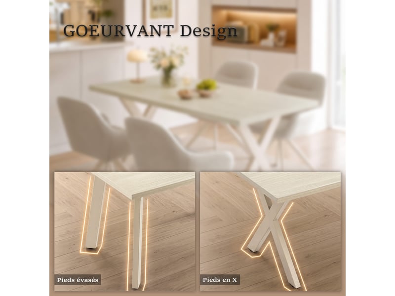  Table de salle à manger - plateau monobloc et pieds inclinés en métal avec patins réglables - travertin  - Conforama E