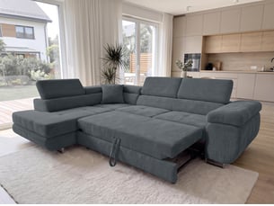 Canapé d'angle gauche convertible <strong>AX LIVING </strong> <strong>Konak</strong> 5 places Velours côtelé gris avec coffre de rangement