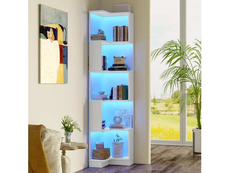  Bibliothèque d'angle 63,5x45x175 cm, 5 niveaux, meuble salon et bureau, led, rangement, structure stable, mdf, blanc  - Conforama B