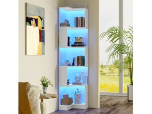 Bibliothèque d'angle 63,5x45x175 cm, 5 niveaux, meuble salon et bureau, led, rangement, structure stable, mdf, blanc