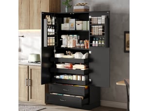 Buffet de cuisine noir 180x80x37,5 cm, meuble haut en mdf avec 2 tiroirs intégrés et étagères coulissantes pour rangement cuisine