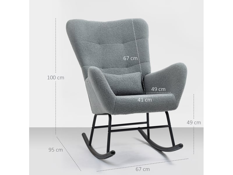 Fauteuil à bascule avec accoudoirs, coussin lombaire et poche latérale, assise rembourrée en tissu teddy gris - Conforama D