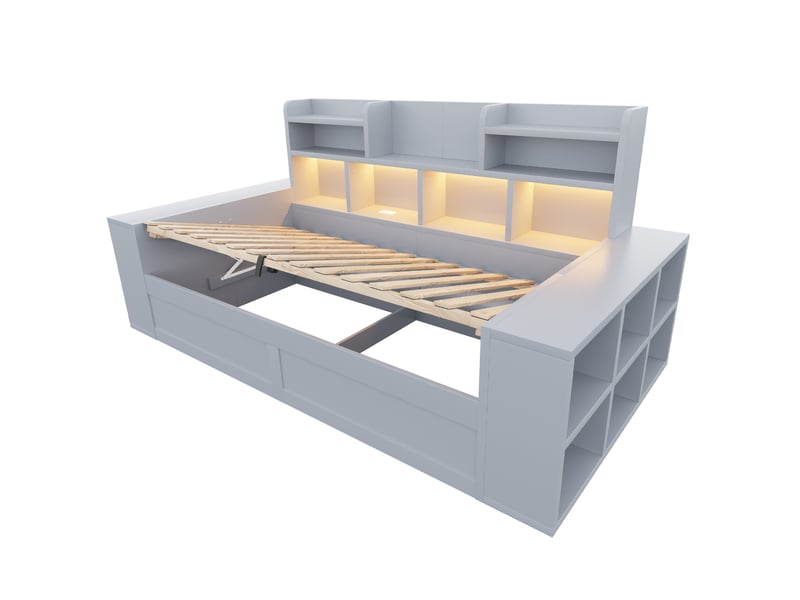 Lit banquette 90x200 cm avec led, prises et coffre de rangements, gris, sans matelas - Conforama D