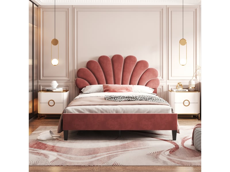  Lit adulte 140 × 200 cm 2 places avec tête de lit fleurie, sans matelas, en velours rembourré, rouge brique  - Conforama C