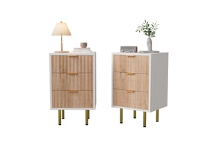 Lot de 2 tables de chevet - 40x40x65cm - tables de nuit en bois à 3 tiroirs cannelés & pieds dorés - blanc & chêne