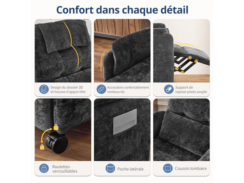  Fauteuil de massage électrique, fauteuil détente pour télévision avec fonction massage et chaleur, 4 roues, gris foncé  - Conforama C