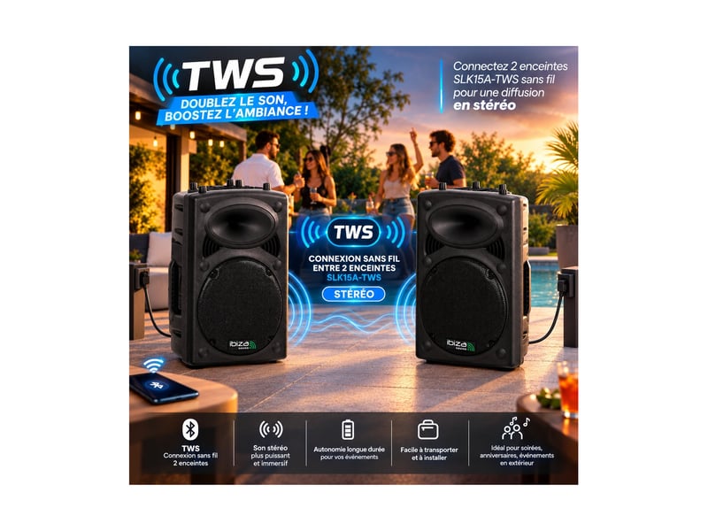  Ibiza sound pm-slk-15a-tws-pied enceinte amplifiée 800w 15 pouces bluetooth usb sd tws dj sono mobile noir + pied  - Conforama E