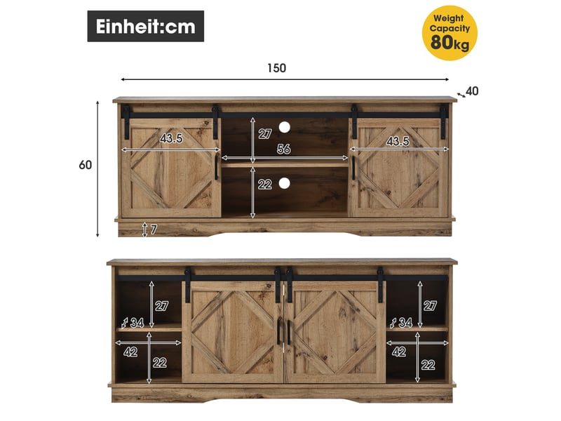  Meuble tv avec 2 portes coulissantes et 2 niches pour salon 150×40×60 cm en panneaux de particules marron rustique  - Conforama D