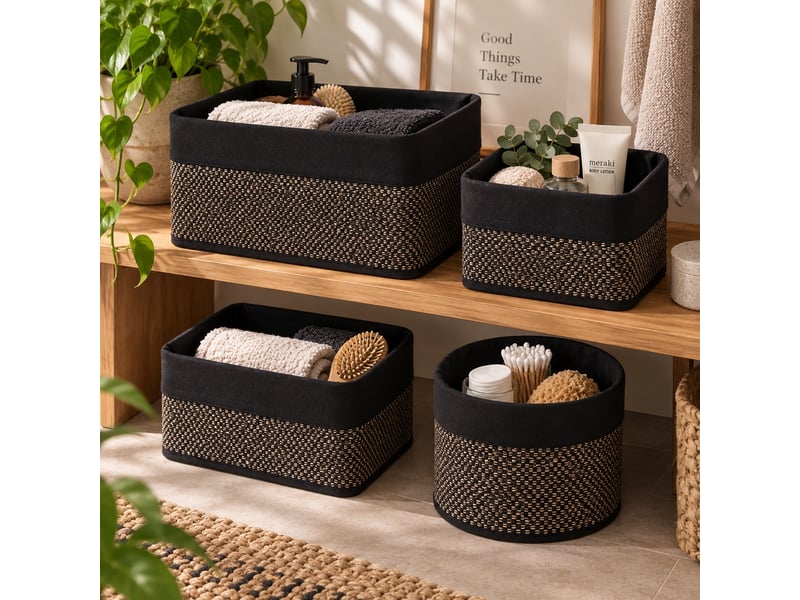 Lot de 4 paniers de rangement multiformes en bambou tressé et tissu noir,corbeilles multi-usages décoratives - Conforama B