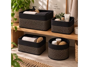 Lot de 4 paniers de rangement multiformes en bambou tressé et tissu noir,corbeilles multi-usages décoratives