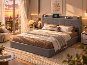 Lit coffre 160x200 cm - usb et type-c - tête de lit avec étagère - sommier relevable - grand rangement - design moderne