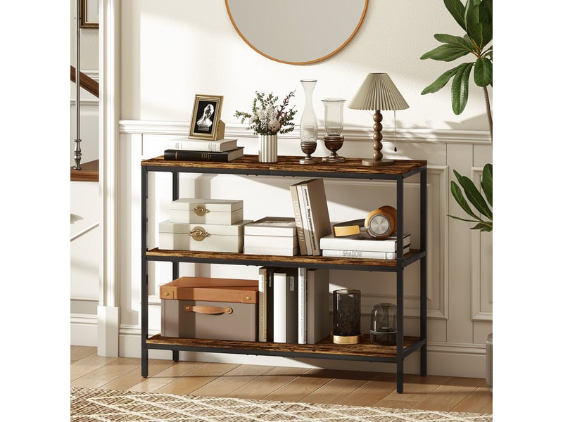  Console, table d'appoint avec étagère à 3 niveaux, panneaux de particules, métal, marron clair  - Conforama D