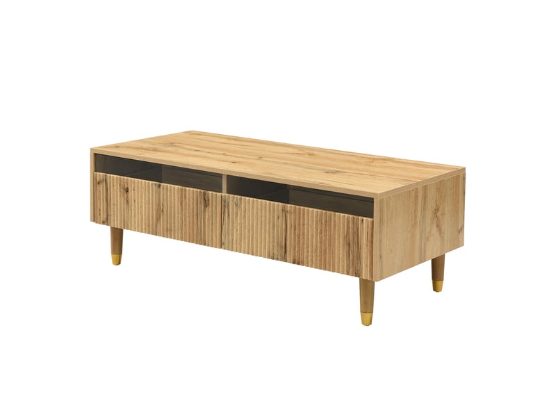  Table basse moderne led 110x50x40 cm, table de salon en bois avec 2 tiroirs, façade acrylique ondulé, pieds bois massif or  - Conforama W