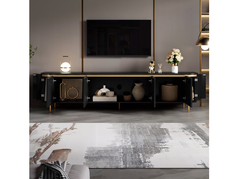  Meuble tv bas avec 6 portes 180x38x46 cm en mdf noir  - Conforama B
