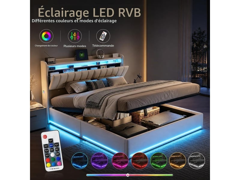  Lit coffre 160x200 cm avec éclairage led et port usb, lit adulte  avec tête de lit avec rangement, lits 2 personnes, velours, beige  - Conforama D