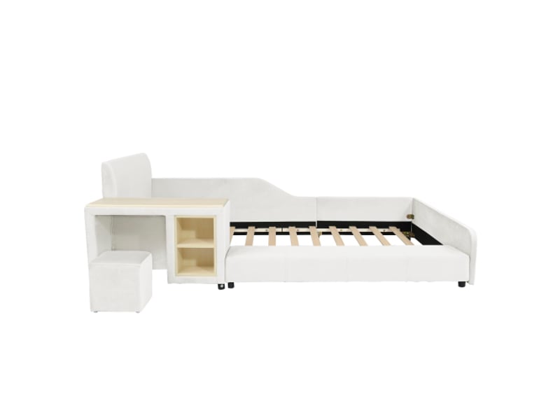  Lit enfant capitonné 90x200 cm avec bureau et tabouret, rangement, tête de lit rembourrée, bois à lattes, velours blanc  - Conforama E