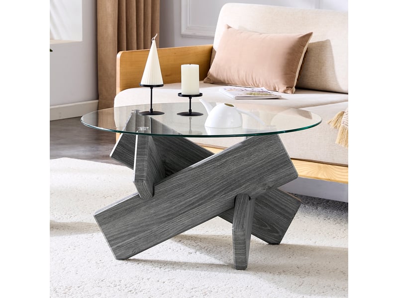 Table basse ronde en verre avec piètement croisé en mdf pour salon diamètre 79 cm h 45 cm gris transparent - Conforama B