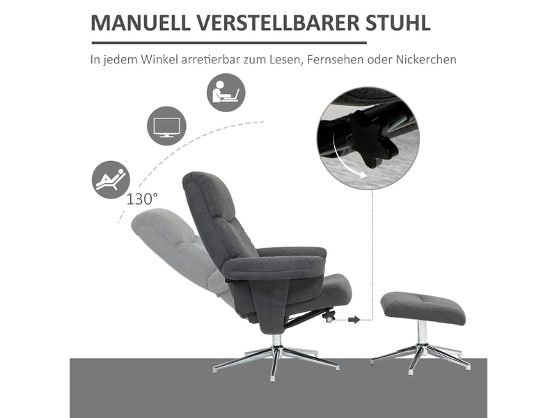  Fauteuil relax inclinable,85x78x106 cm,avec repose-pieds,polyester,gris foncé  - Conforama D