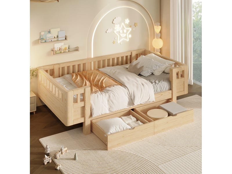  Lit enfant avec tiroirs modenvie 90 x 200 cm, barrière de sécurité, bois et mdf, coloris bois  - Conforama B